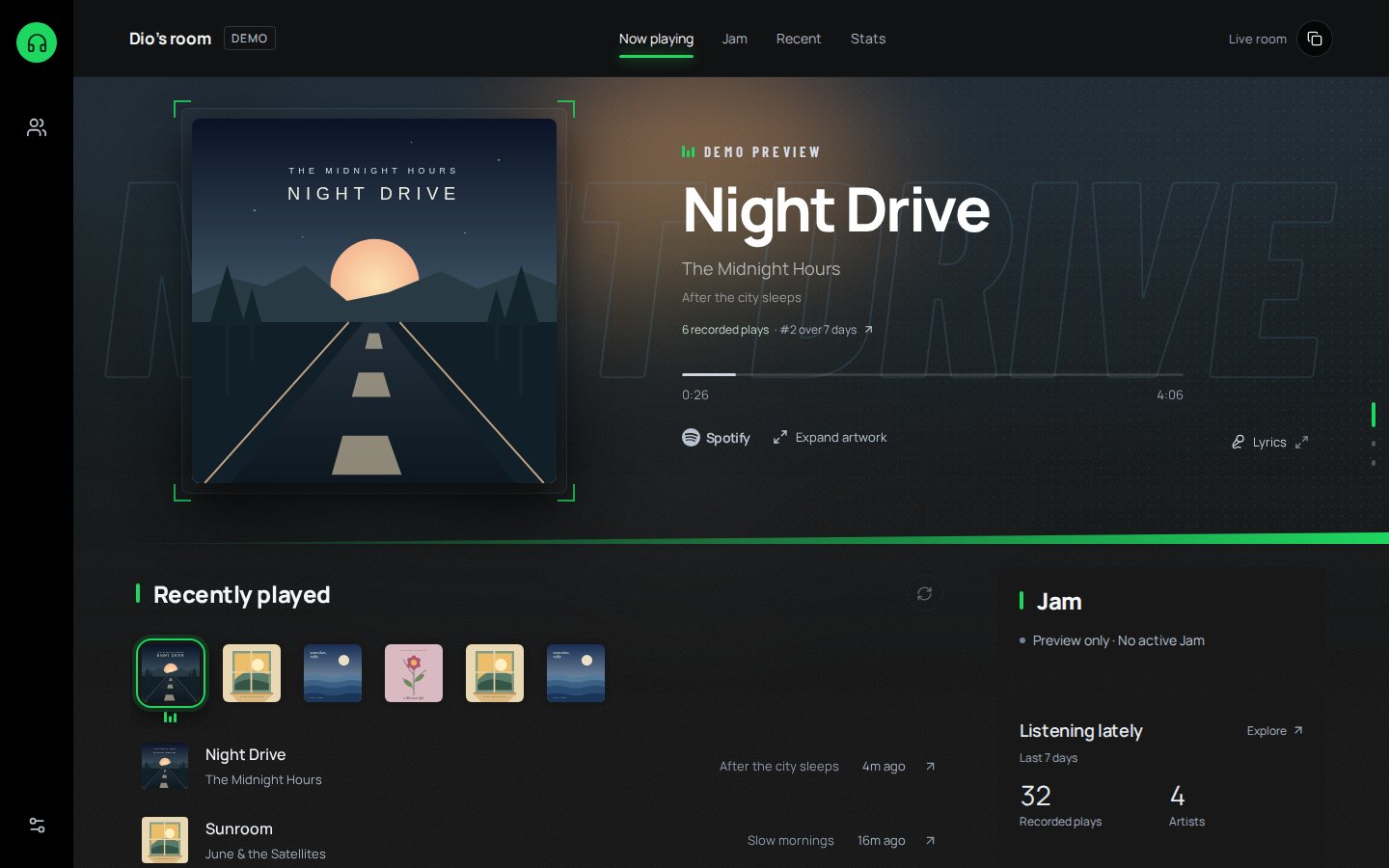 A listening room showing the song that is playing, with recent plays and a Jam panel below.